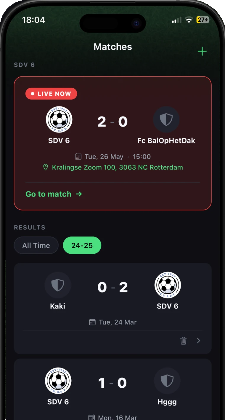 Onside wedstrijdoverzicht met een live wedstrijd en eerdere uitslagen